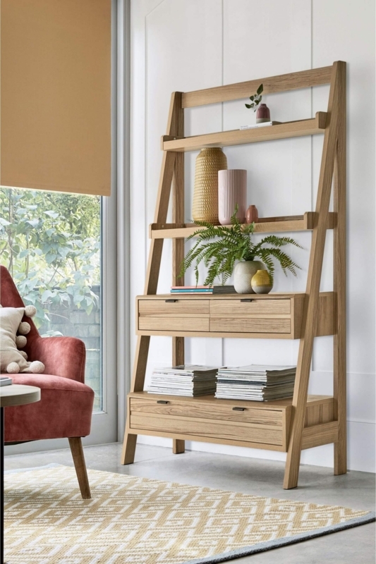 Scandinavian Wood Bookcase Ladder Light Oak 3 Drawers Tapered Design