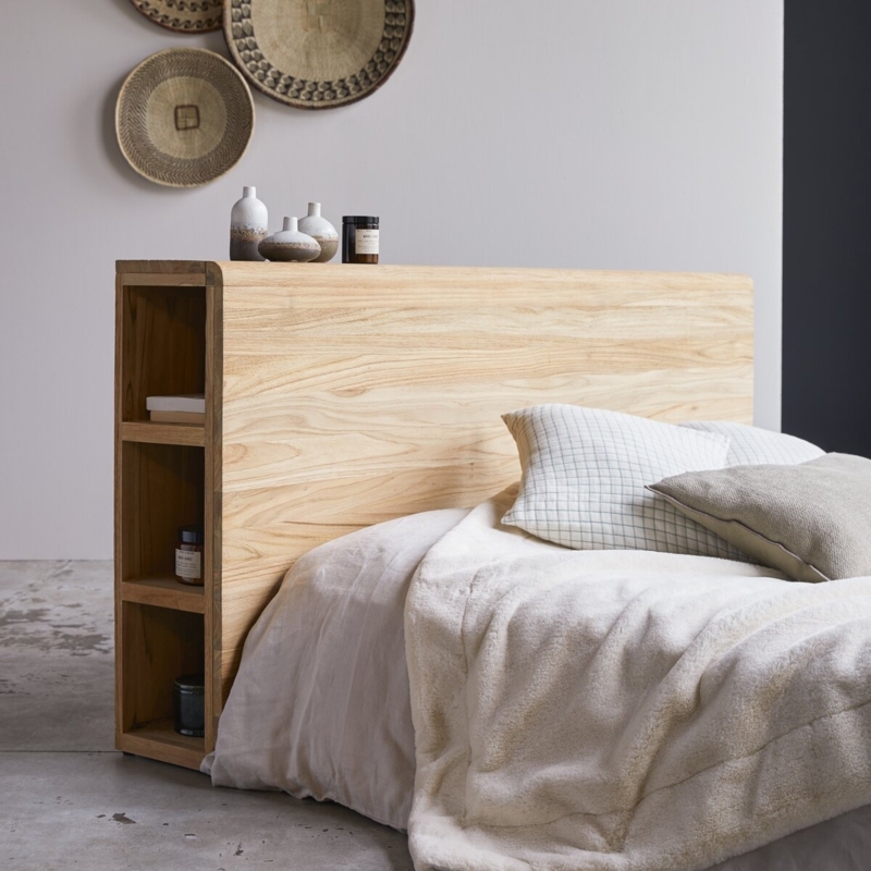Scandinavian Wood Headboard Natural Grain with Integrated Side Shelving