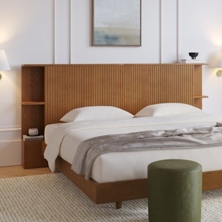 Scandinavian Wood Storage Headboard with Vertical Ribbed Texture