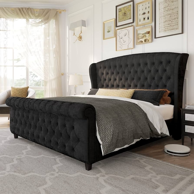 Scrolled Velvet Sleigh Bed with Wingback Headboard