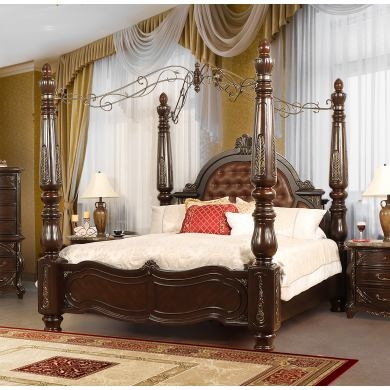 Scrollwork Canopy Bed Dark Wood Turned Posts Tufted Headboard