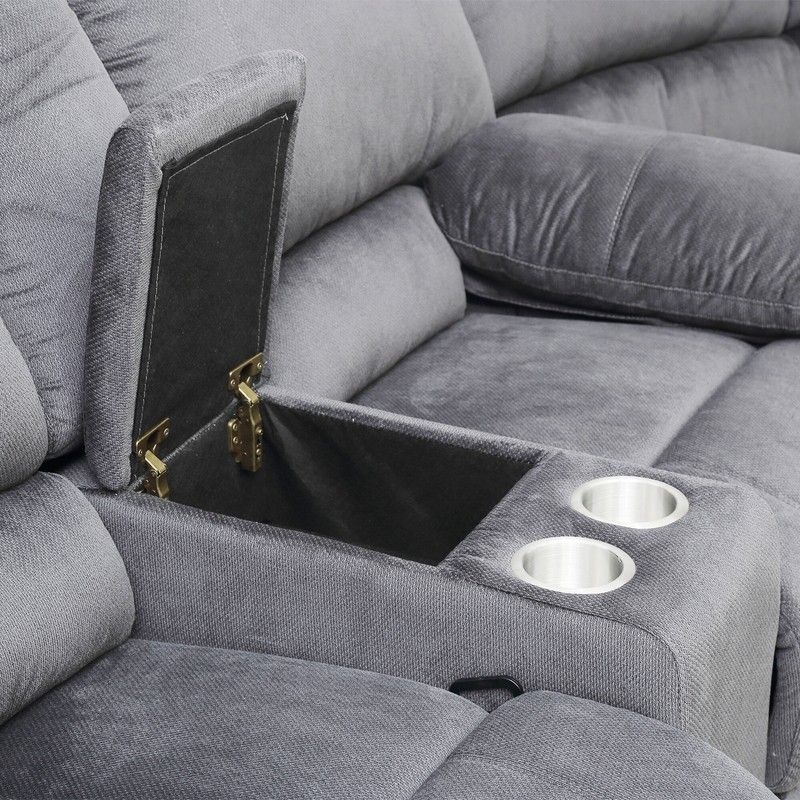 Sectional Console Unit Microfiber Grey Flip Top Storage Cup Holders