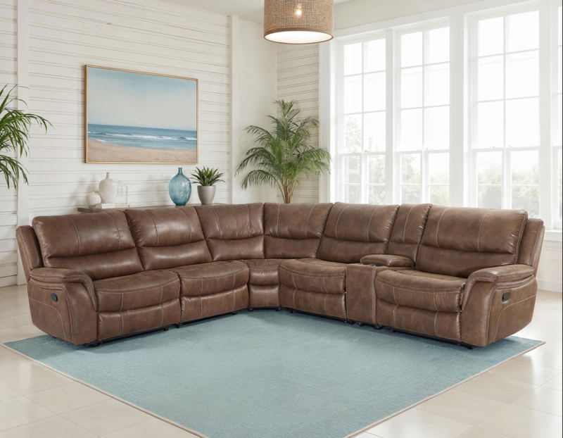 Sectional Sofa 6-Piece Manual Reclining Brown Leather-Like with Console
