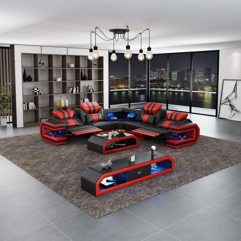 Sectional Sofa Black Red U Shaped Footprint LED Lighting Gaming Style