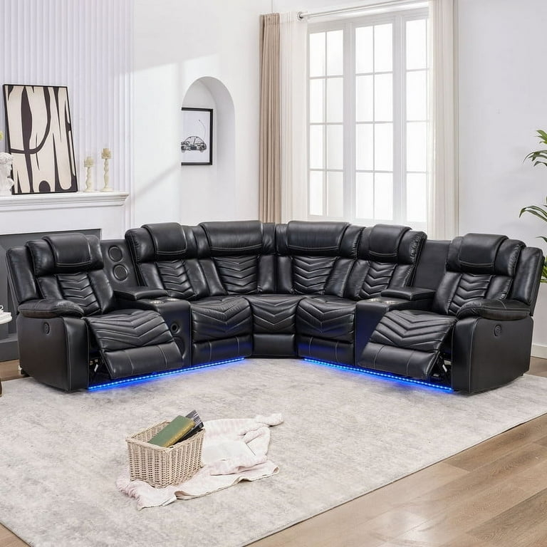Sectional Sofa Power Reclining with Blue LED Lighting and Speakers Black