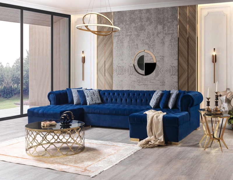 Sectional Sofa Tufted U-Shaped Navy Velvet with Gold Base