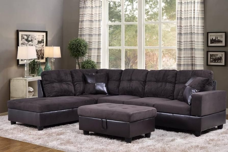 Sectional Sofa Two Tone Design with Espresso Storage Ottoman