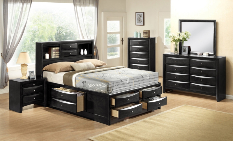 Semi-Gloss Black Storage Bed with Bookcase Headboard & Drawers