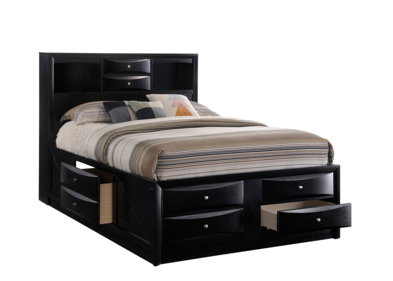 Semi-Gloss Wood Storage Bed with Bookcase Headboard and Drawers