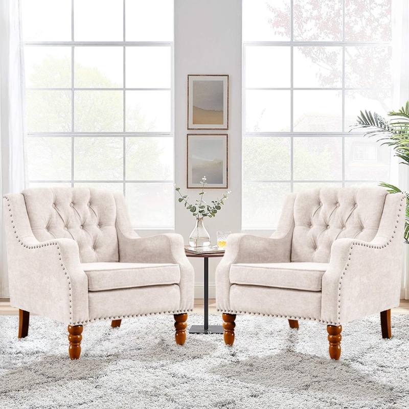 Set of 2 Beige Wingback Chairs with Button Tufting and Nailhead Trim