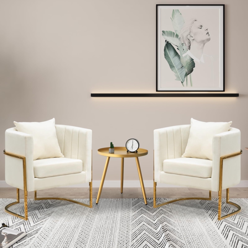 Set of 2 Cream Channel Tufted Barrel Armchairs with Metal Legs