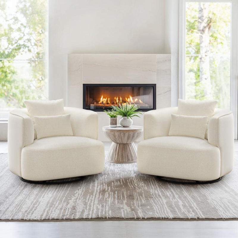 Set of 2 Cream Swivel Barrel Accent Chairs with Curved Arms