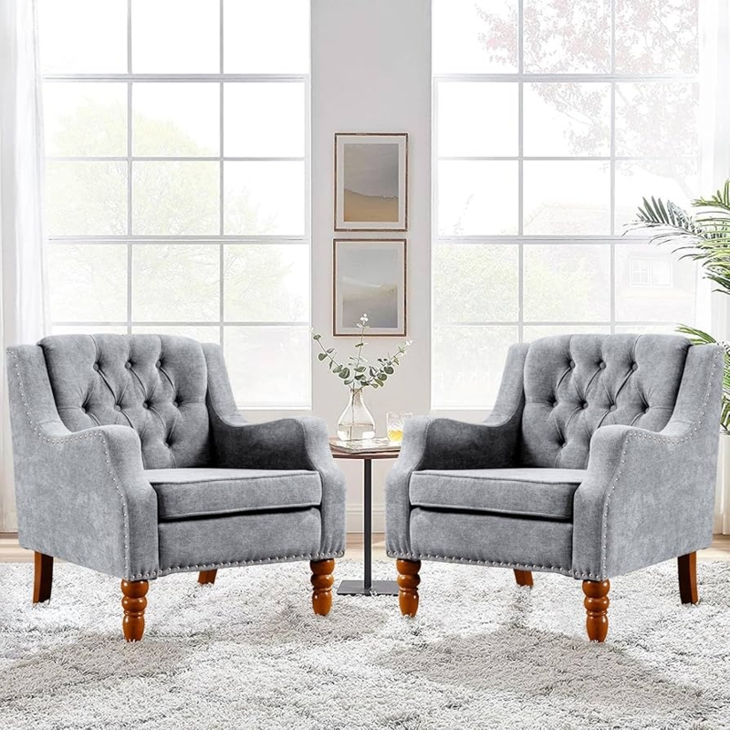 Set of 2 Grey Wingback Chairs, Button Tufted with Nailhead Trim