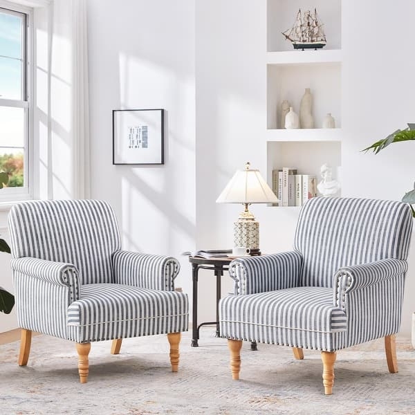 Set of 2 Rolled Arm Chairs, Blue Ticking Stripe with Nailhead Trim
