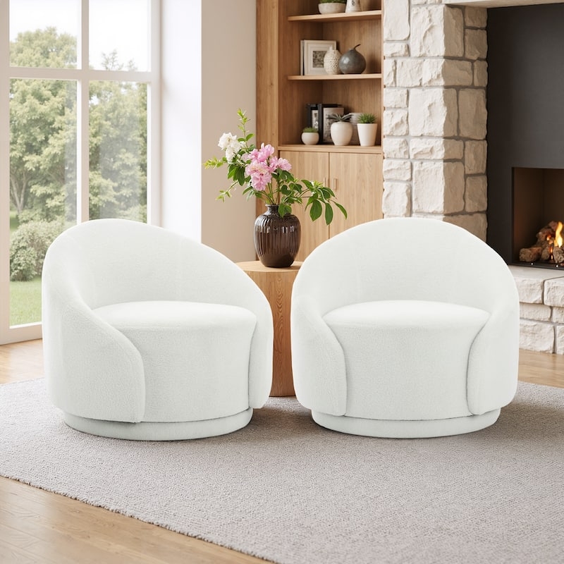 Set of 2 White Boucle Swivel Barrel Chairs for Modern Living Room