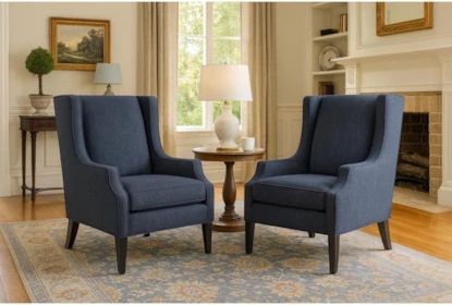 Set of Indigo Upholstered Wingback Chairs with Tapered Legs