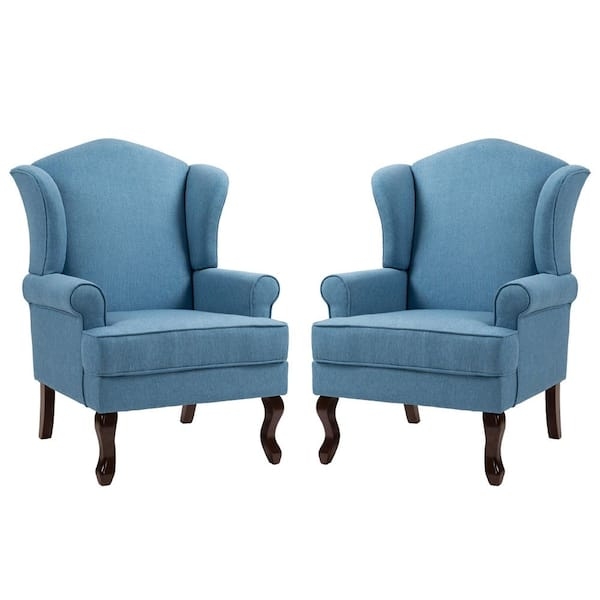 Set of Sky Blue Linen Wingback Chairs with Cabriole Legs