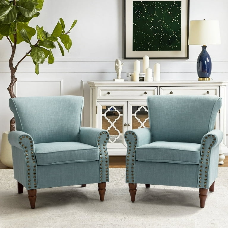 Set of Slate Blue Wingback Chairs with Nailhead Trim