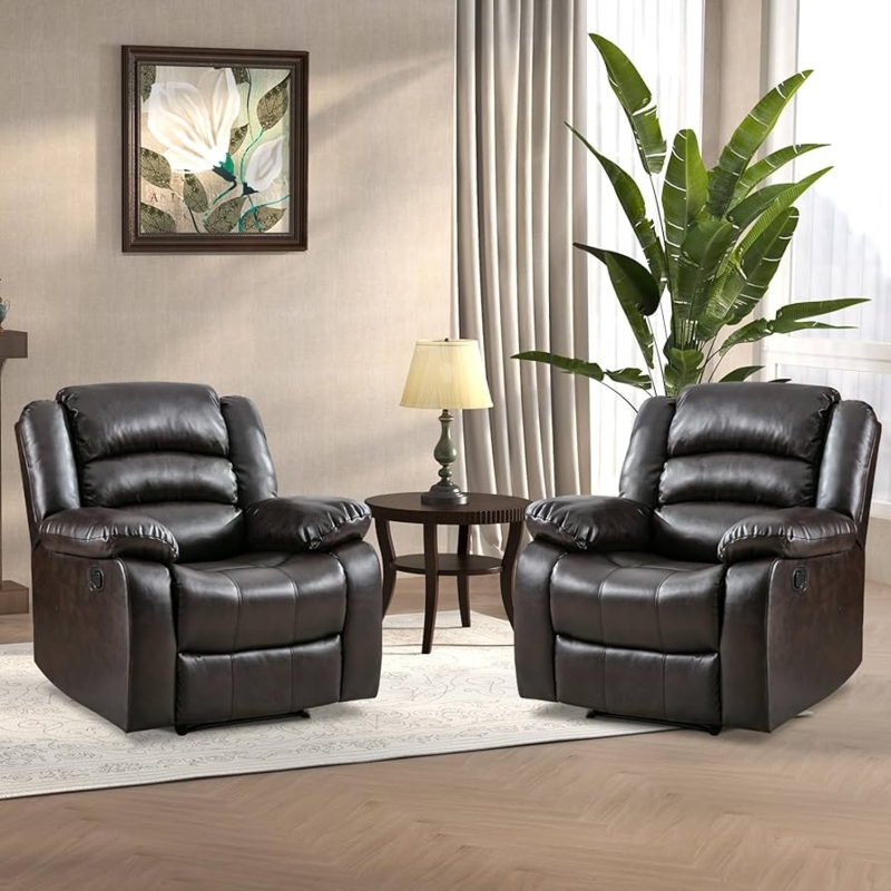 Set of Two Dark Brown Manual Recliners, Overstuffed Cushions