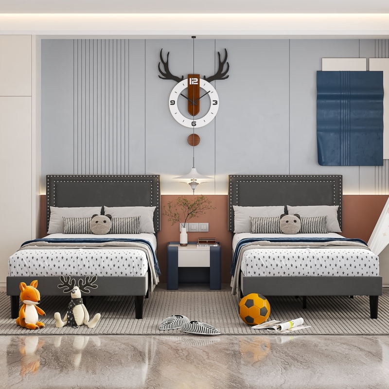 Set of Two Dark Gray Upholstered Twin Beds with Nailhead Trim