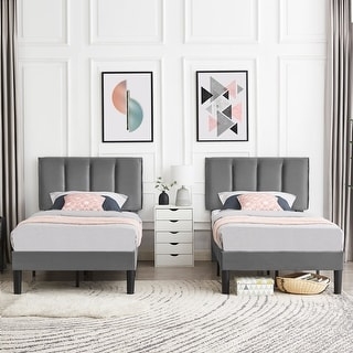 Set of Two Gray Upholstered Beds with Vertical Channel Tufting