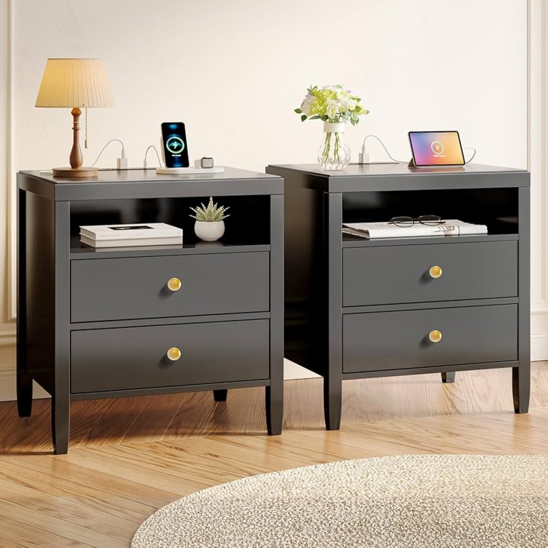 Set of Two Nightstands with Charging Station and Round Knobs