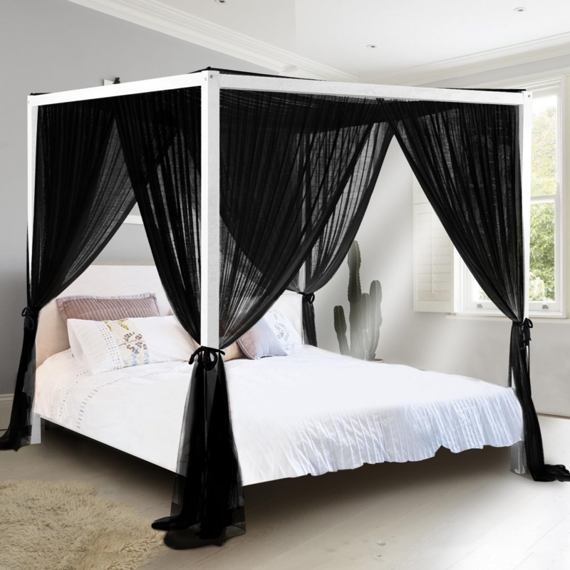 Sheer Black Bed Canopy Curtains Tie Back Ribbons Modern Airy (69 characters)