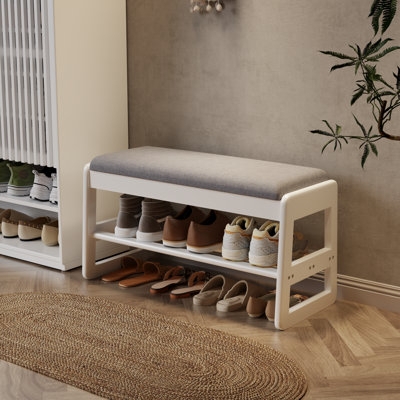 Shoe Bench Compact Size Two Tier Shelves Padded Seat