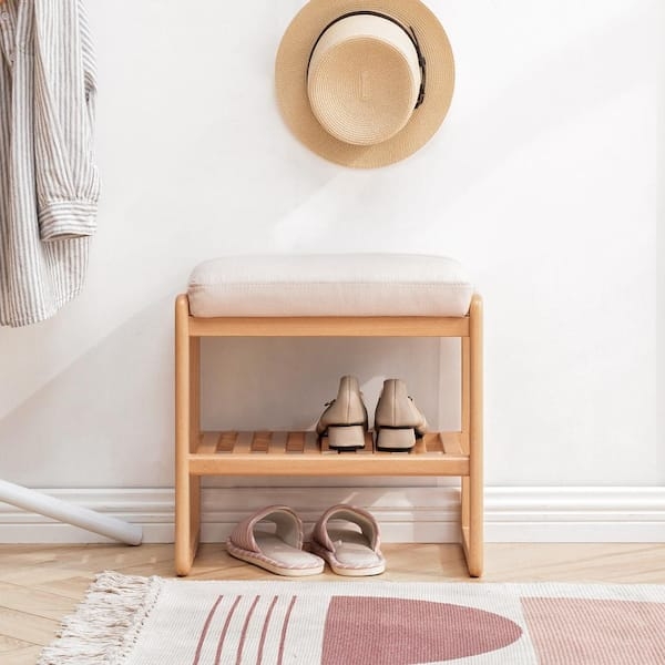 Shoe Bench Natural Oak Upholstered Seat Rounded Corners