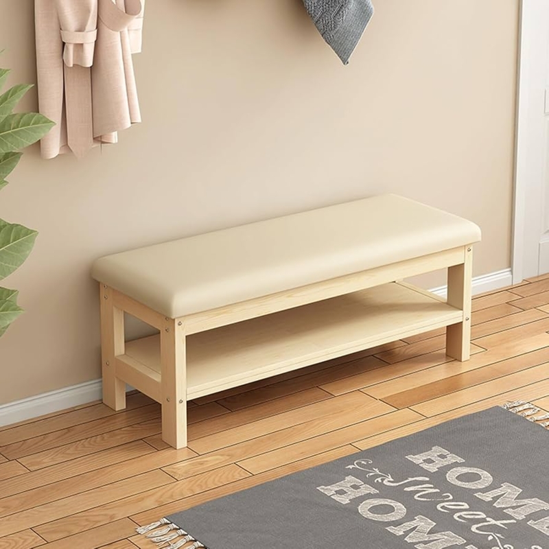 Shoe Bench Two-Tier Minimalist Blonde Wood Cream Cushion