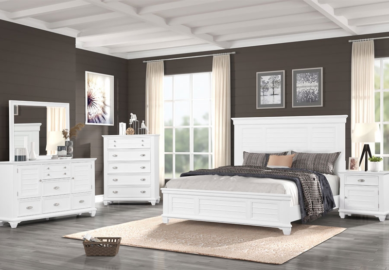 Shutter Bedroom Set Transitional Style White Paneled Headboard