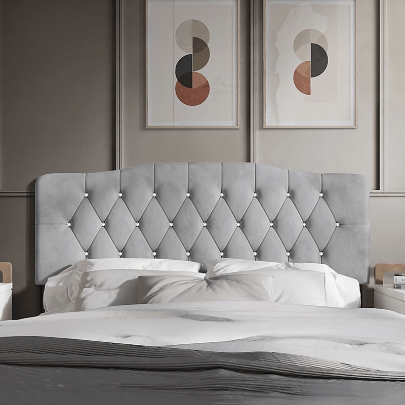 Silver Gray Glam Headboard with Scalloped Top and Crystal-Like Buttons