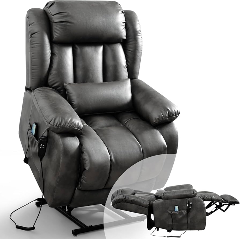 Silver Grey Leather Like Lift Recliner Lay Flat With Lumbar Pillow