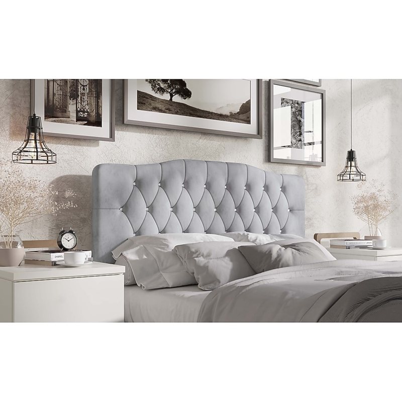 Silver Velvet Headboard Scalloped Edge Diamond Tufting Glam Decor