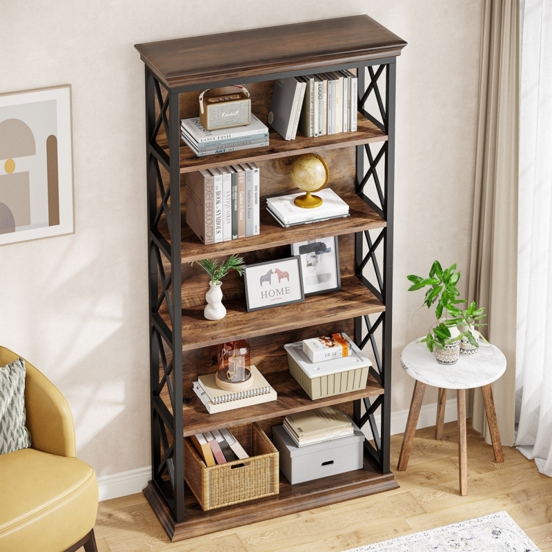 Six-Tier Bookshelf with Decorative Crown Molding and Black X-Braces