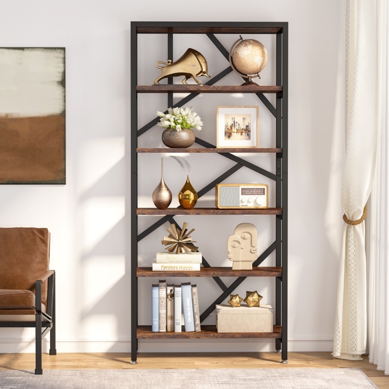 Six-Tier Etagere Bookshelf with Unique Geometric Metal Back