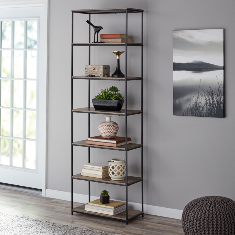 Six-Tier Industrial Bookcase with Slender Rustic Metal Frame