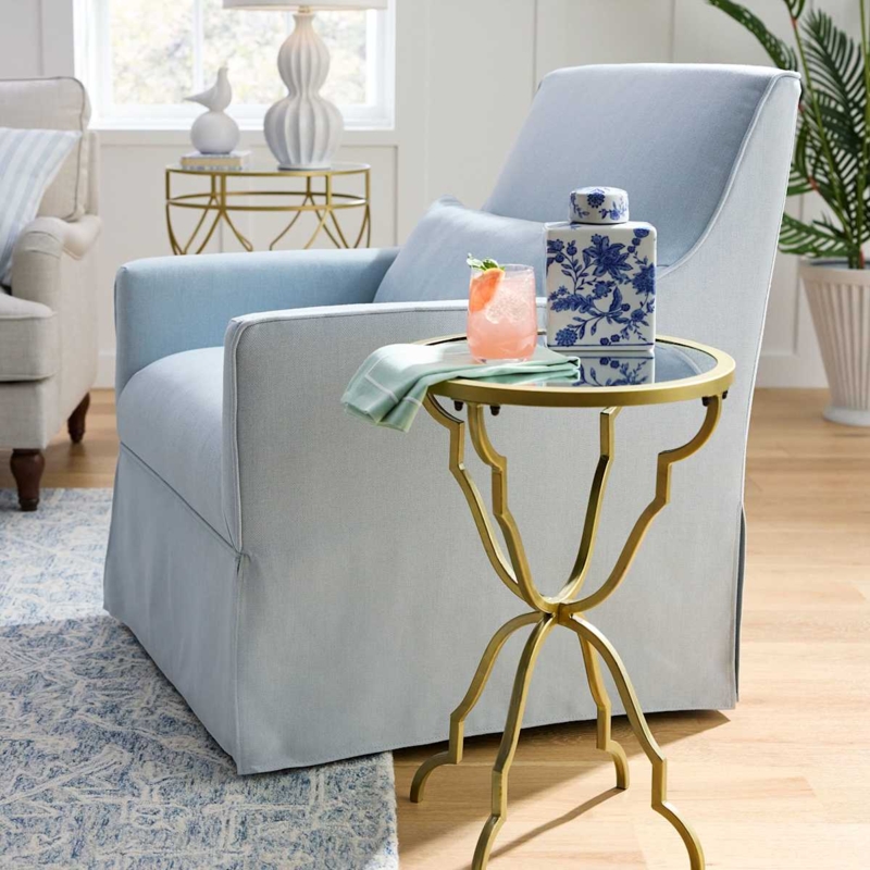Skirted Swivel Armchair, Light Blue Linen-Like Fabric Accent