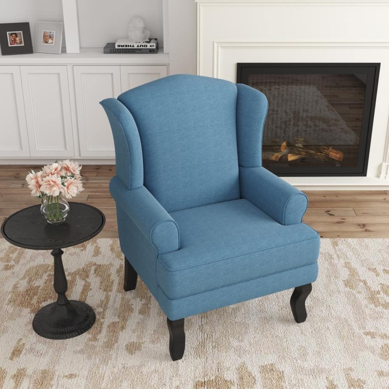 Sky Blue Wingback Chair with Cabriole Legs & Linen Fabric