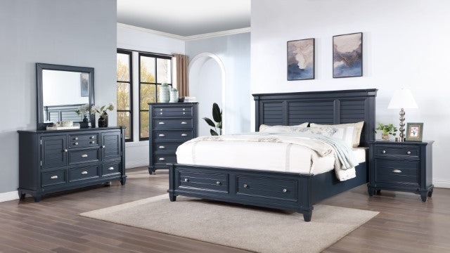 Slate Blue Bedroom Set with Horizontal Slat Detailing and Storage