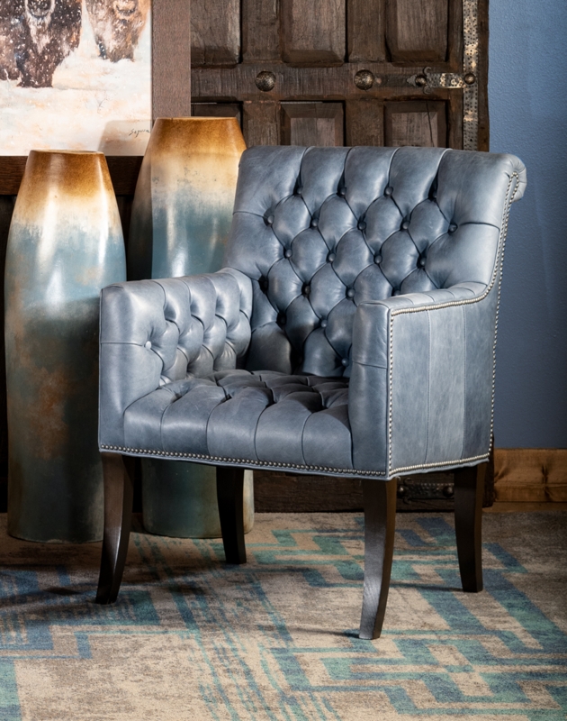 Slate Blue Leather-Like Accent Chair with Diamond Tufting Details