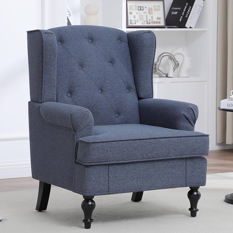 Slate Blue Wingback Chair with Diamond Button Tufting
