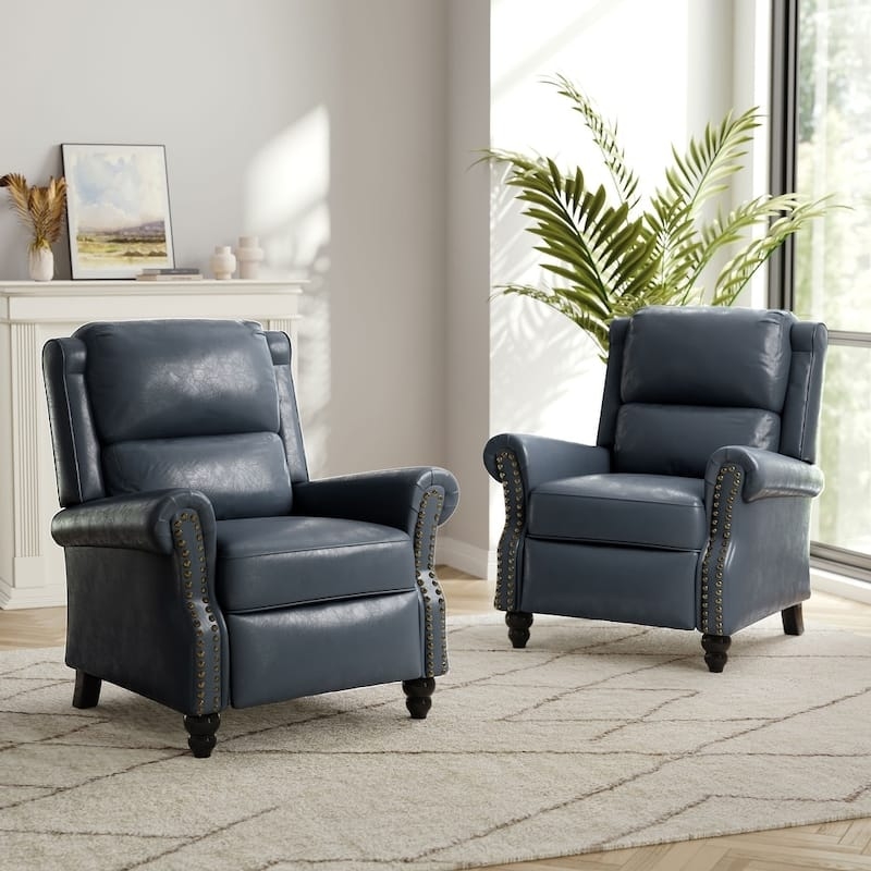 Slate Blue Wingback Recliner Chair with Brass Nailhead Trim and Turned Legs