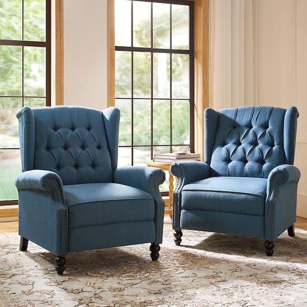 Slate Blue Wingback Recliner with Nailhead Trim and Diamond Tufting