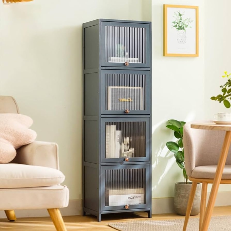 Slate Gray Narrow Bookcase with Fluted Flip-Up Doors and Gold Knobs