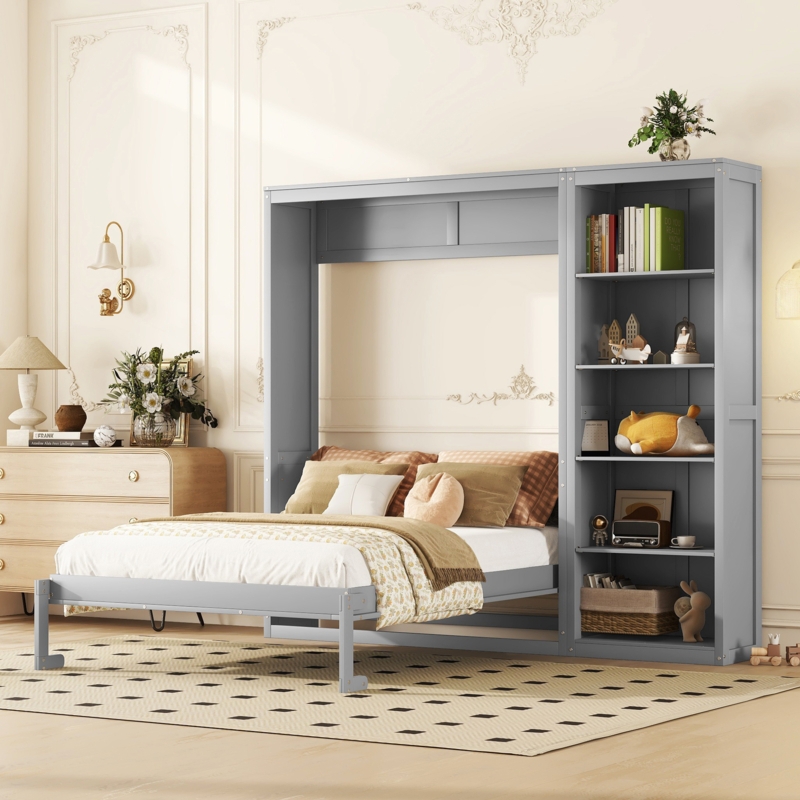 Slate Grey Murphy Bed with Integrated Side Shelving Unit
