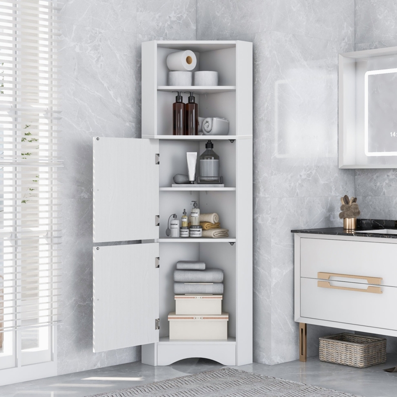 Slatted Bathroom Corner Cabinet with Open Center Shelf