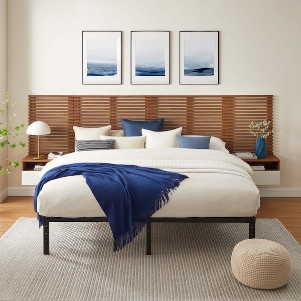 Slatted Walnut Headboard Integrated Floating Nightstands Extra Wide