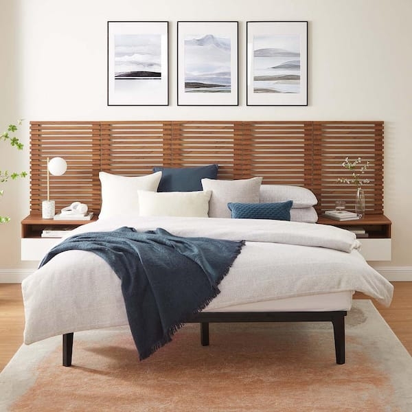 Slatted Walnut Headboard with Integrated Floating Nightstands