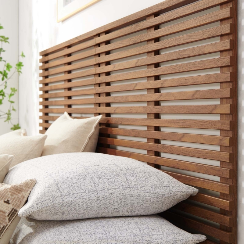 Slatted Wood Headboard Walnut Finish Mid-Century Modern Style